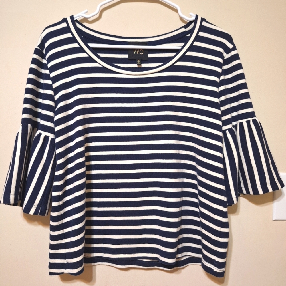 Anthropologie W5 womens medium navy white short bell sleeve stripe top